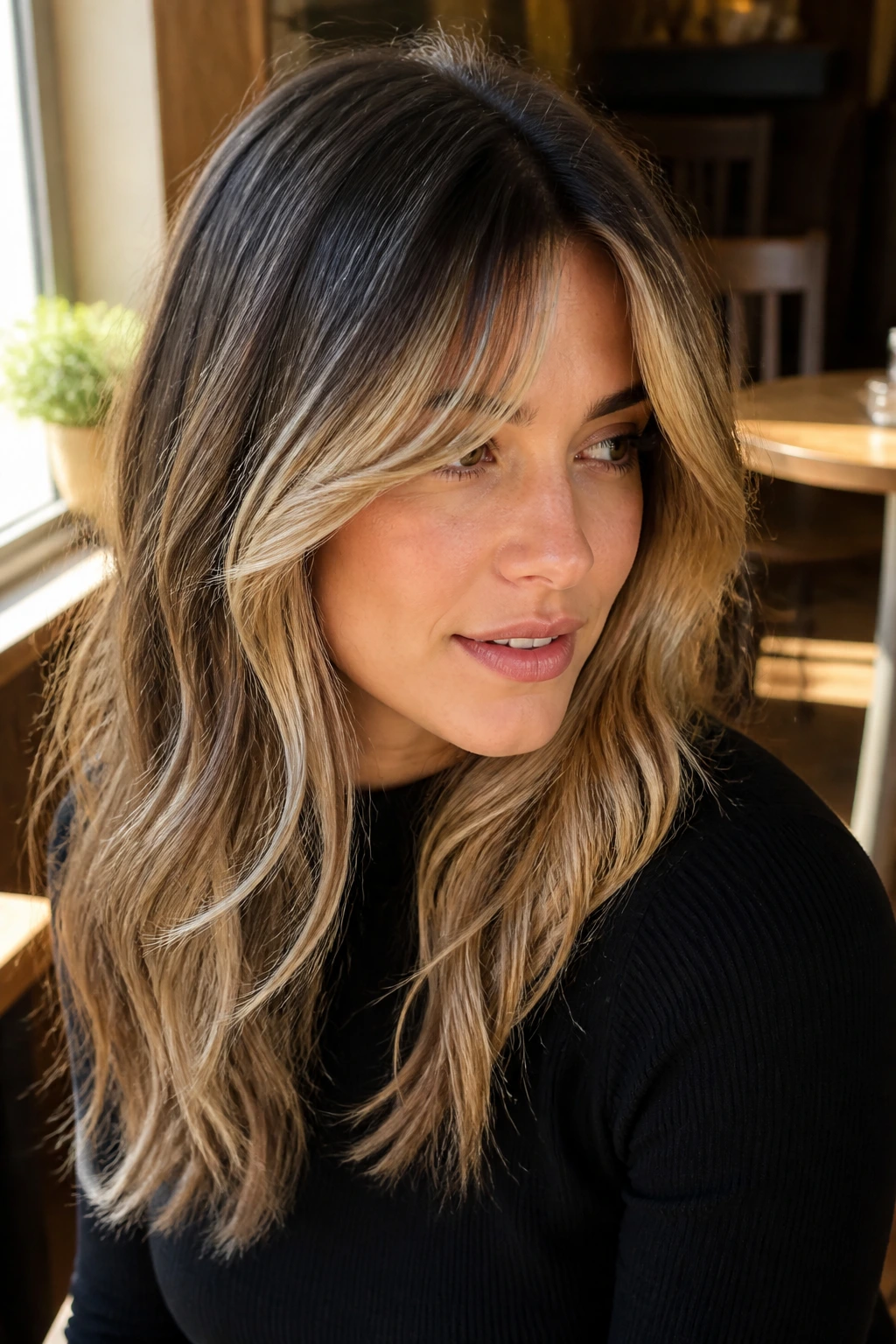 Portrait of a woman with curtain bangs and front-heavy blonde panels framing her face