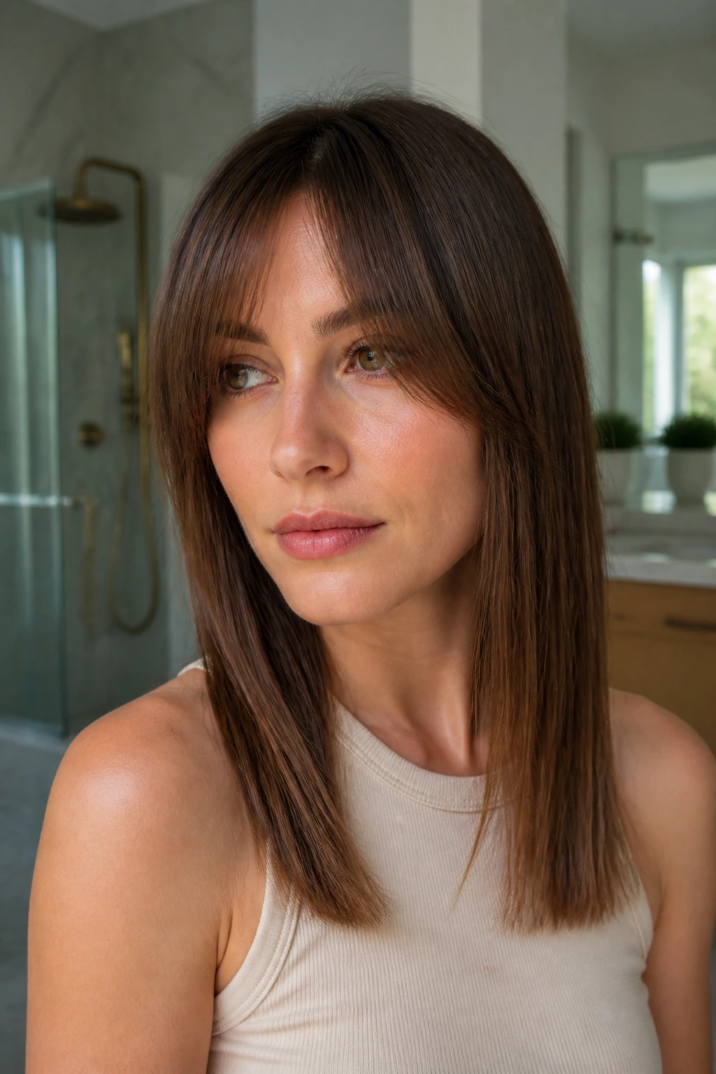 Close-up portrait of a person with curtain bangs on pin-straight hair in diffused bathroom light