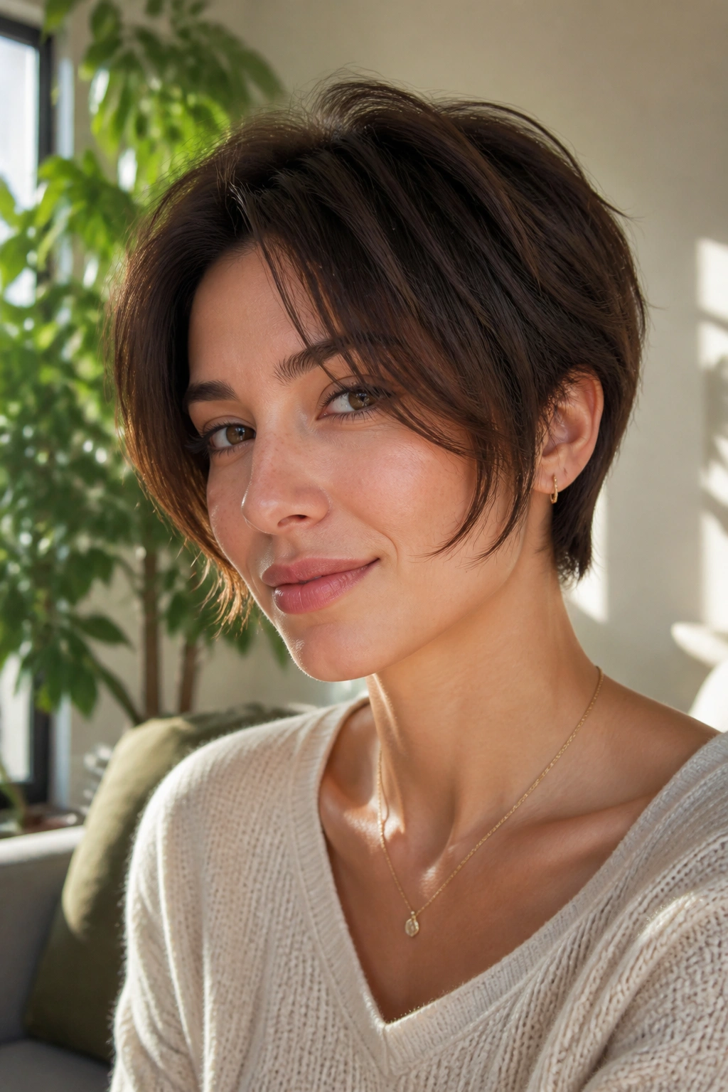 Close-up portrait of a real woman with curtain bangs on a long pixie