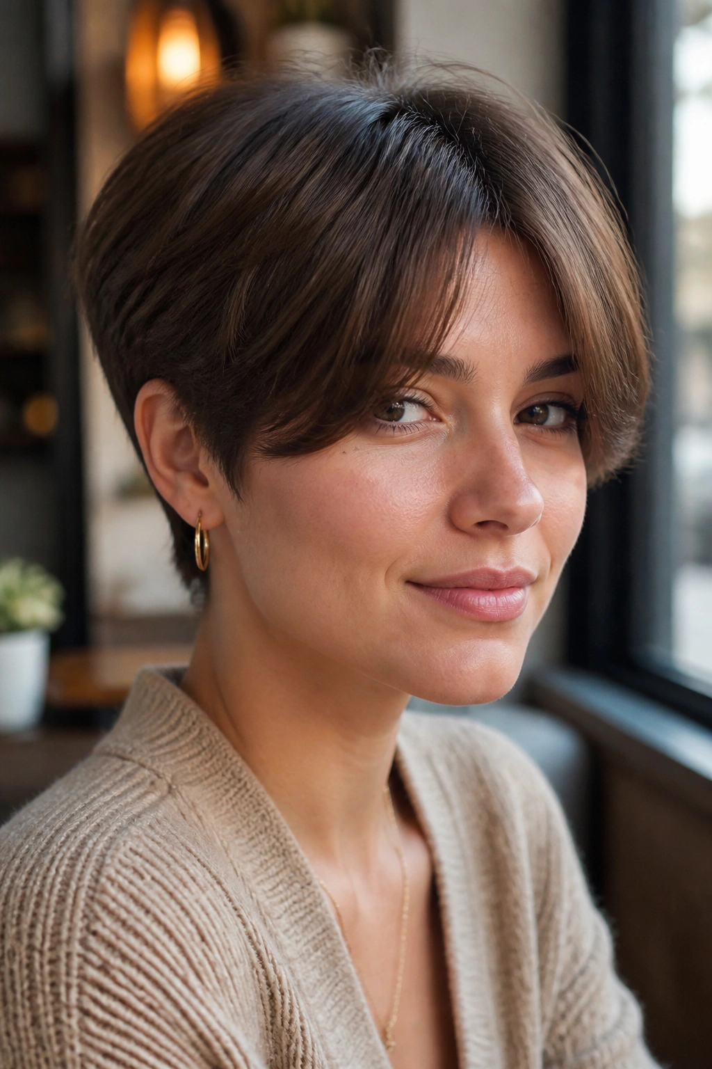 Close-up portrait of a real woman with long pixie and curtain bangs in a cafe window setting