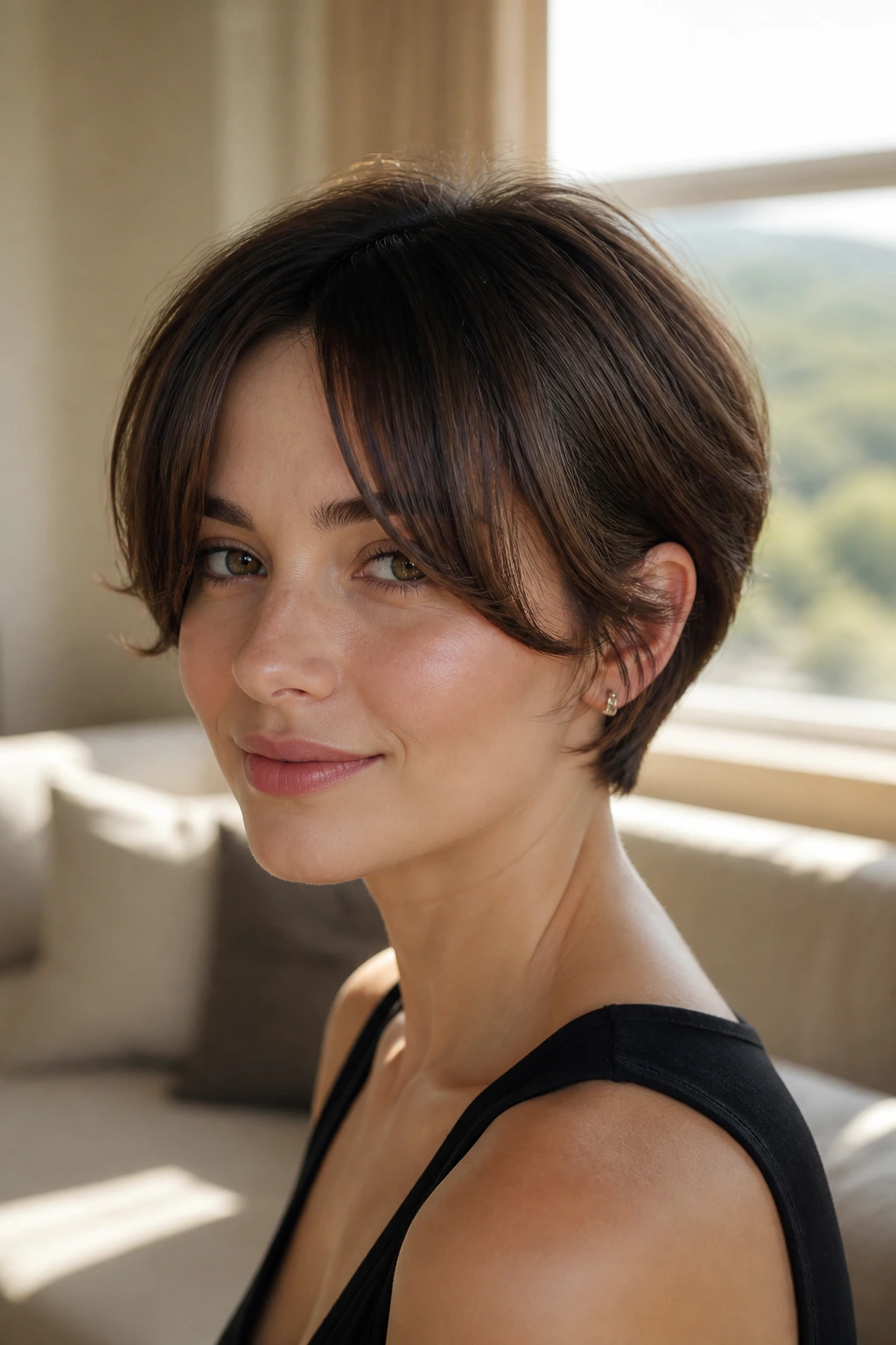 Close-up portrait of a woman with curtain bangs and pixie bob in a sunlit living room