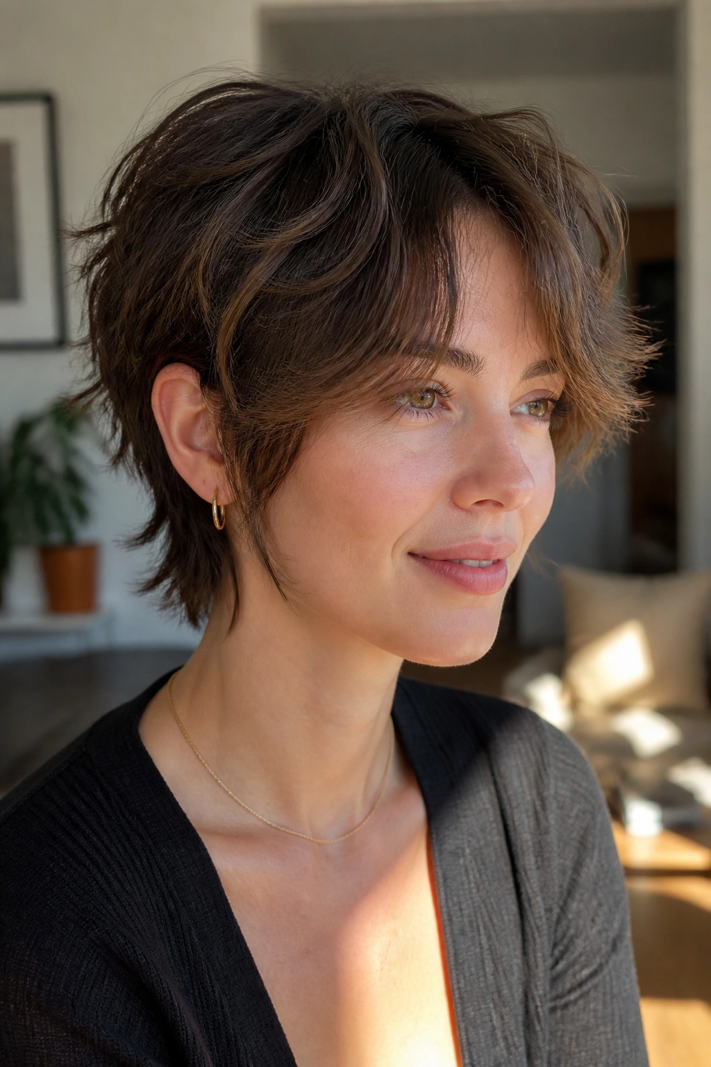 Real woman with curtain bangs on a pixie haircut in a sunlit room.