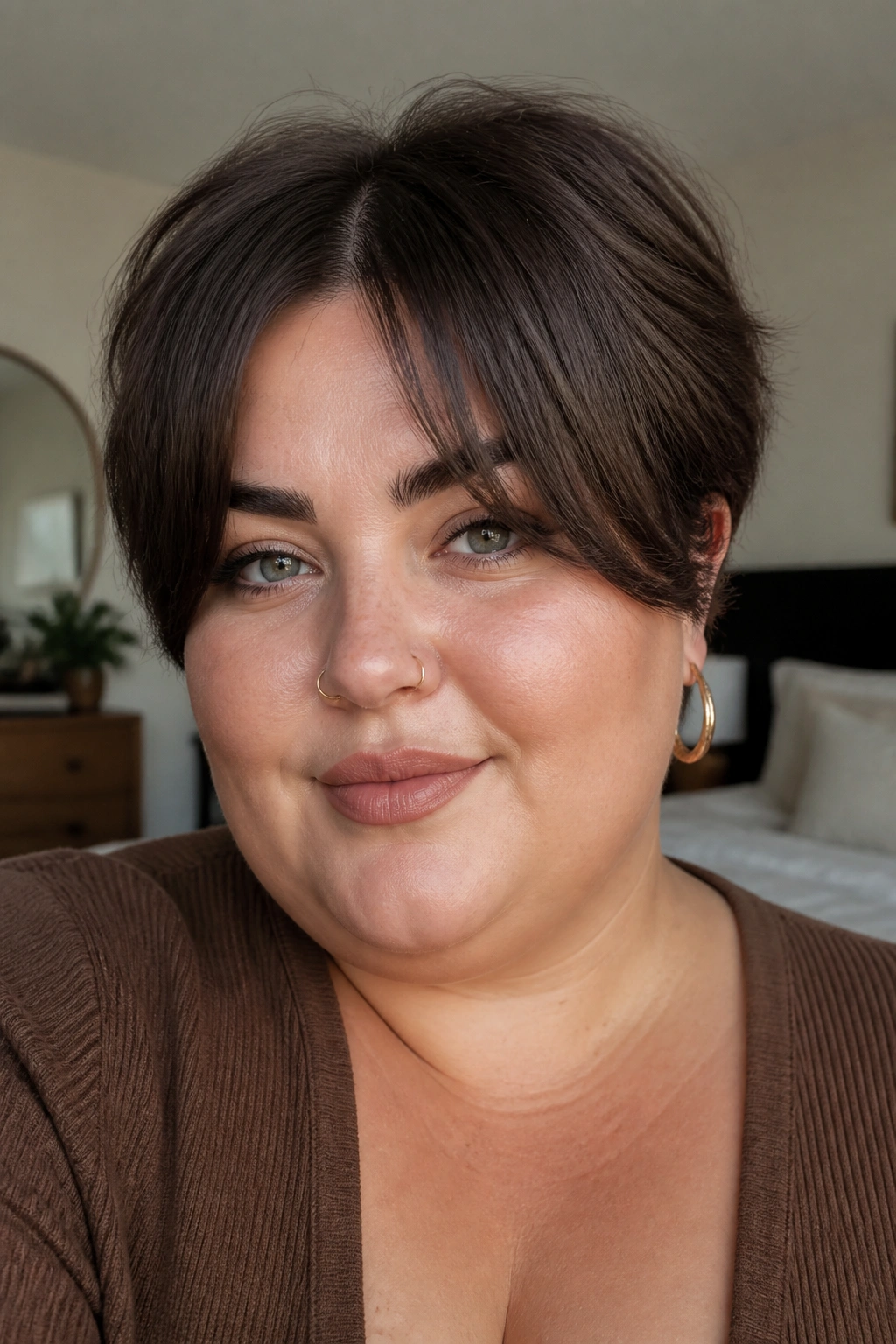 Close-up portrait of a real woman with curtain bangs on a pixie cut, soft face-framing silhouette.