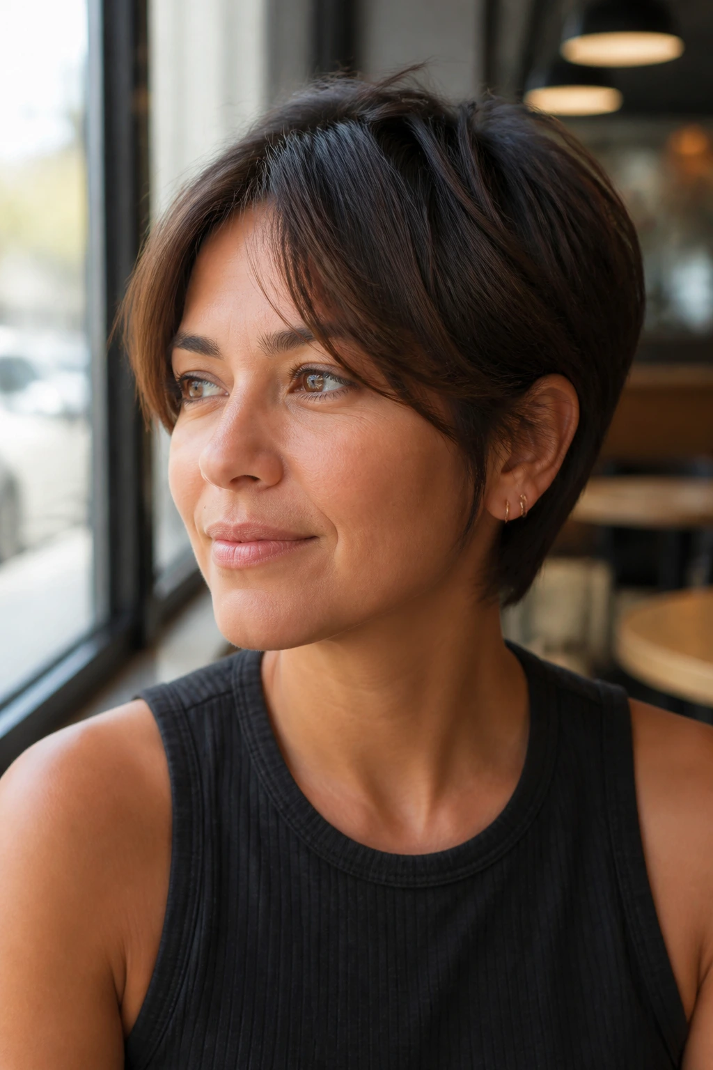 Curtain bangs pixie on a real woman with open facial framing