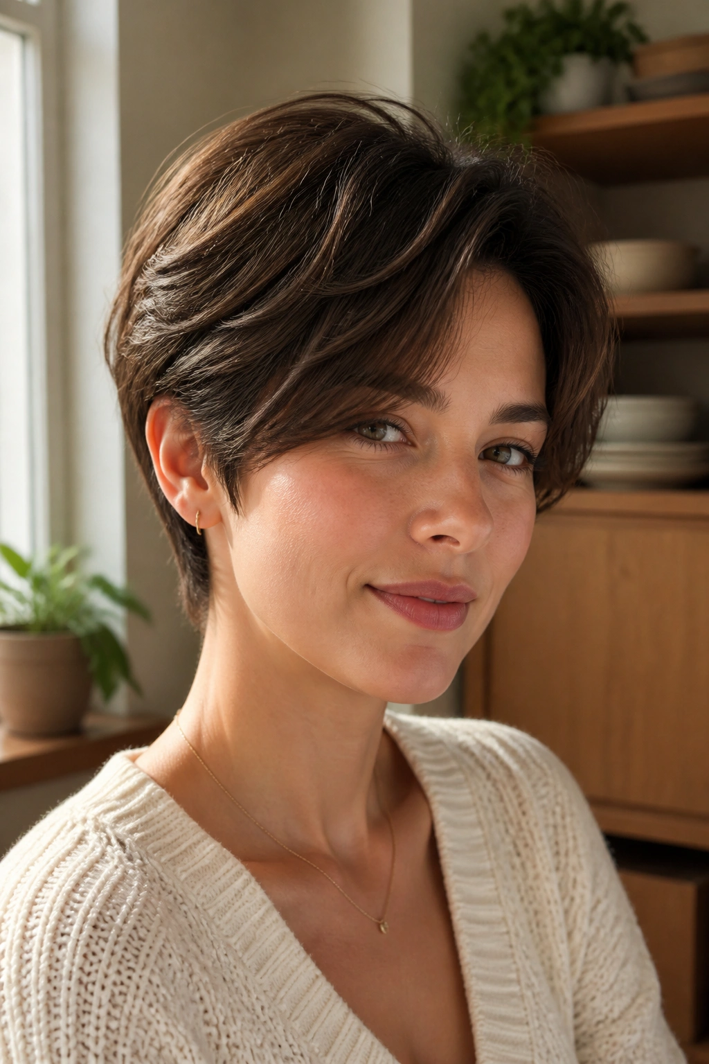 Close-up portrait of a real woman with curtain bangs and soft bend in a long pixie