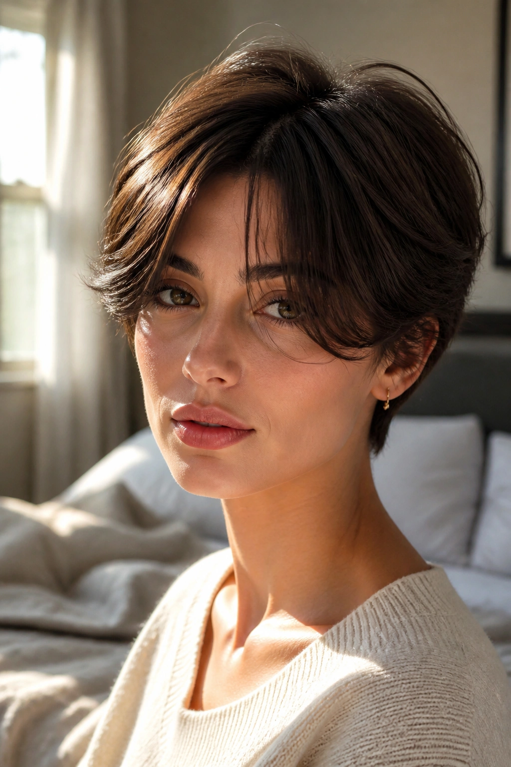 Close-up portrait of a real person with long pixie and curtain bangs in natural window light