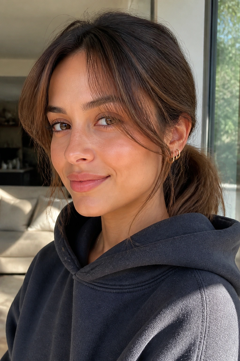 Close-up of a real woman with curtain bangs and a low ponytail wearing a hoodie