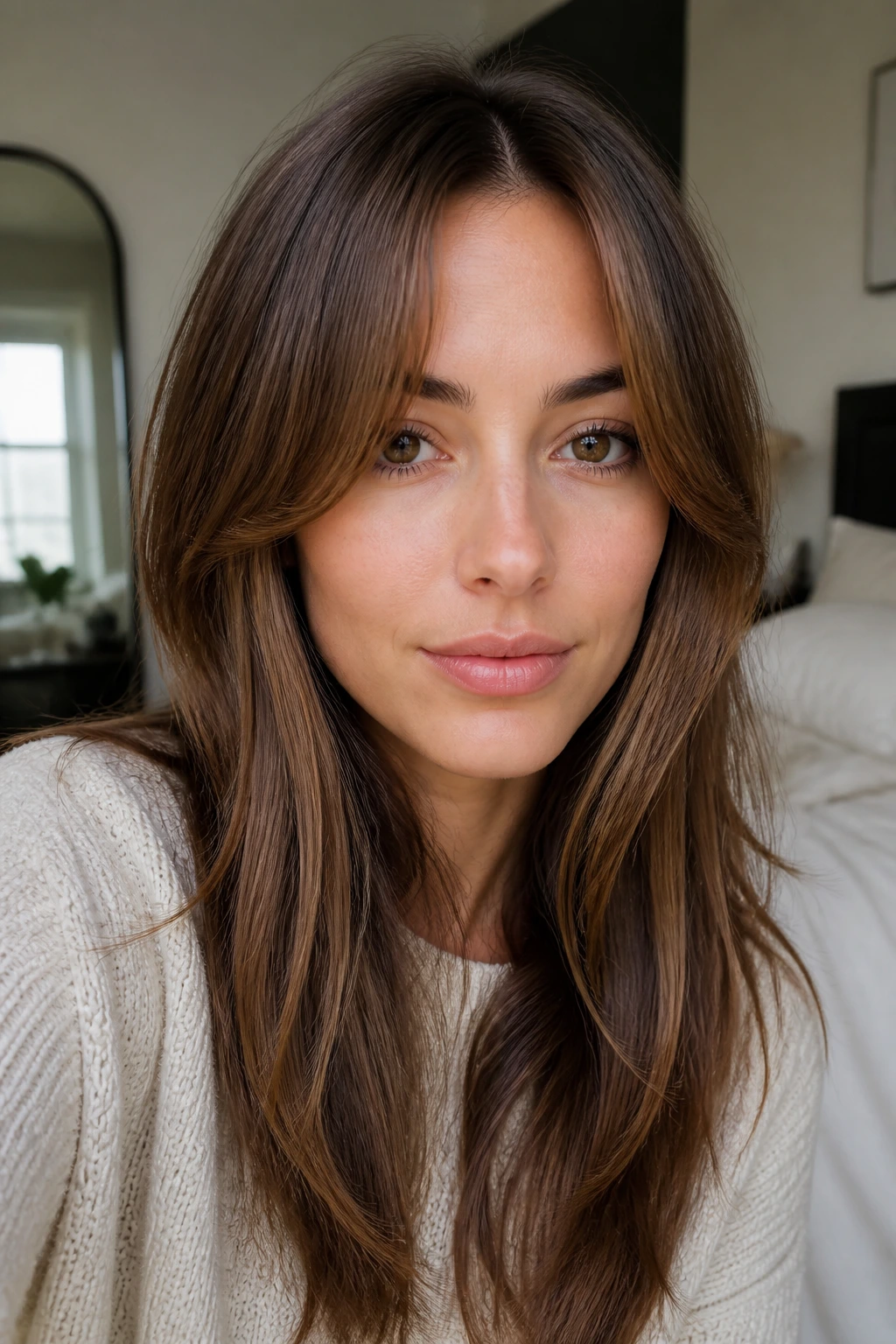 Close-up of a woman with curtain bangs framing a tall forehead in soft window light
