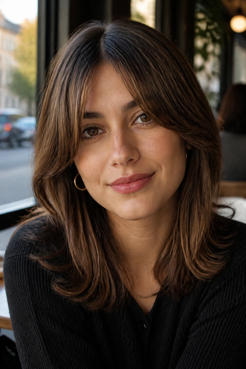 Close-up portrait of a real woman with curtain bangs in a cafe window light