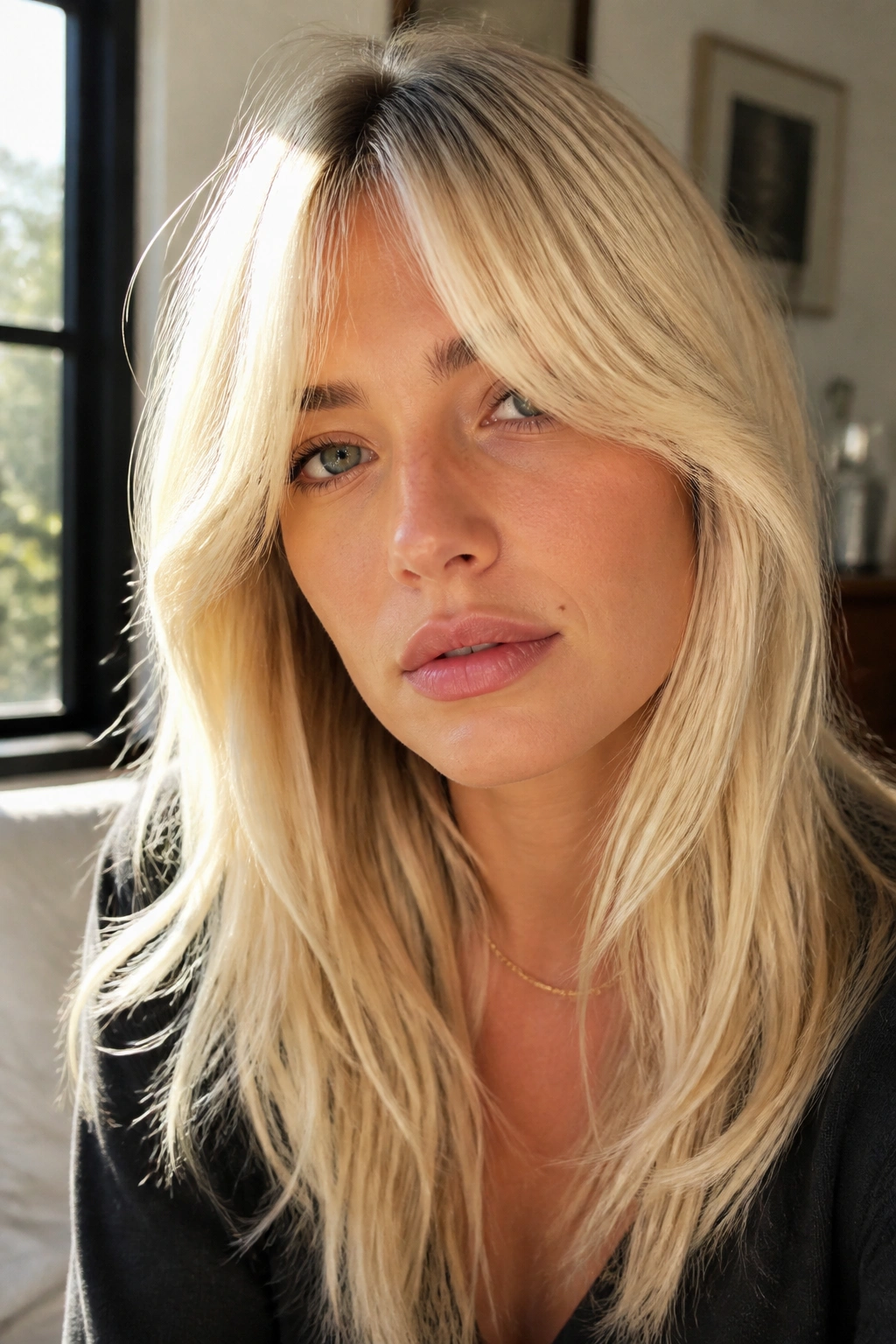 Close-up portrait of a real person with bright blonde curtain bangs framing the face.
