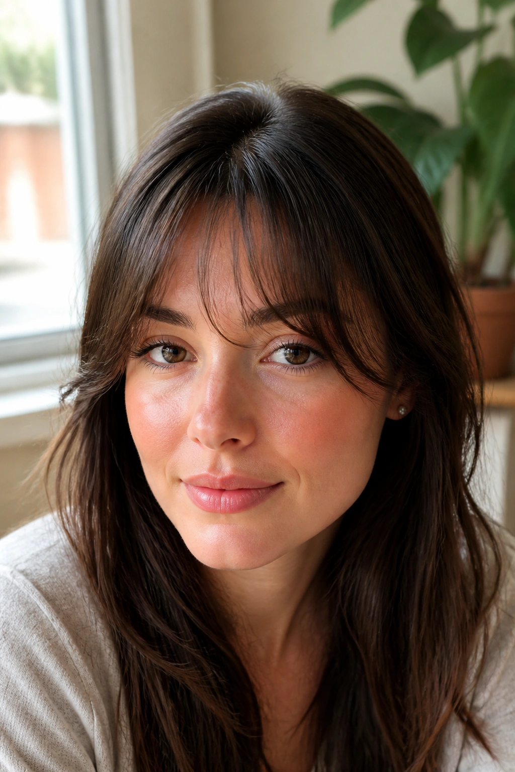 Close-up of a real person with soft baby curtain bangs in window light