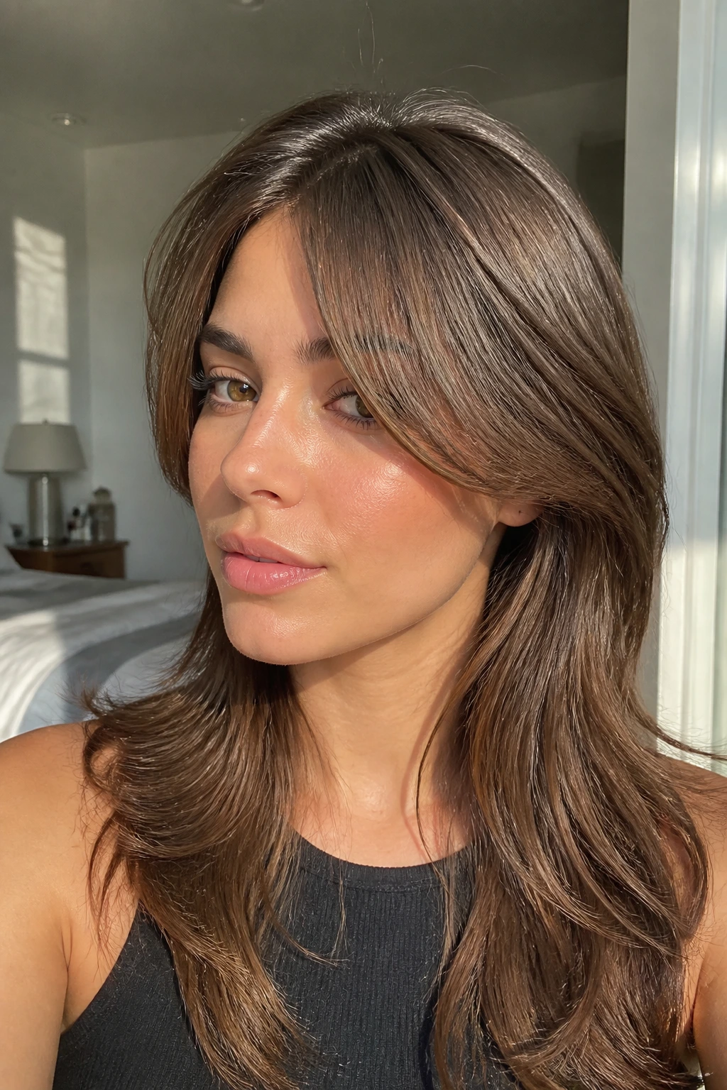 Close-up of a real woman with right-part curtain bangs sweeping across the forehead.