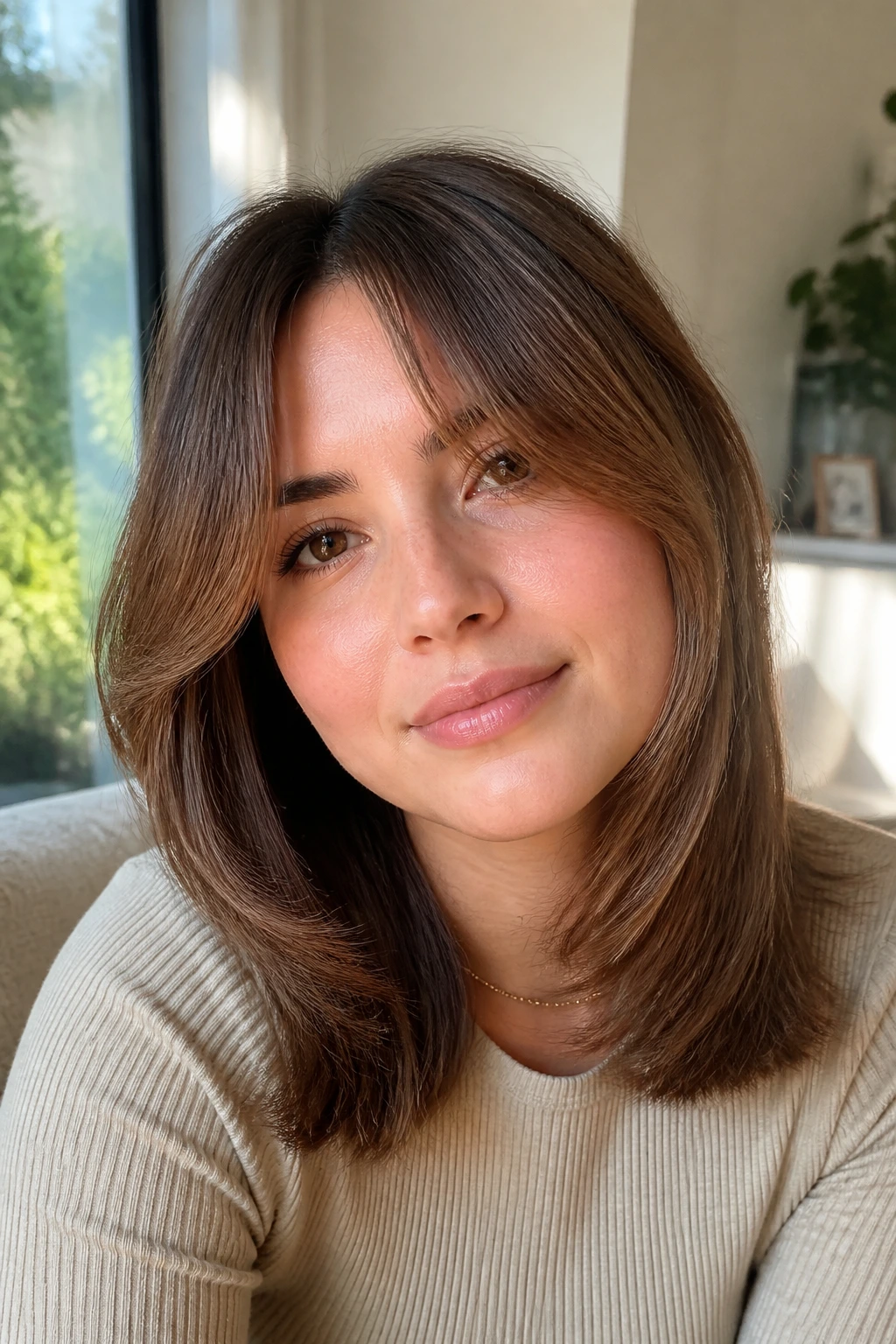 Portrait of a woman with longer curtain bangs flattering a round face, center-parted fringe