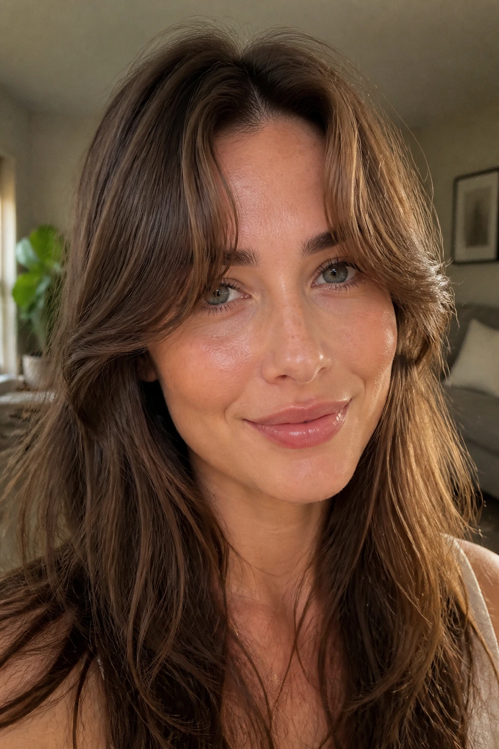 Close-up of a real woman with rounded U-shaped curtain bangs framing her face