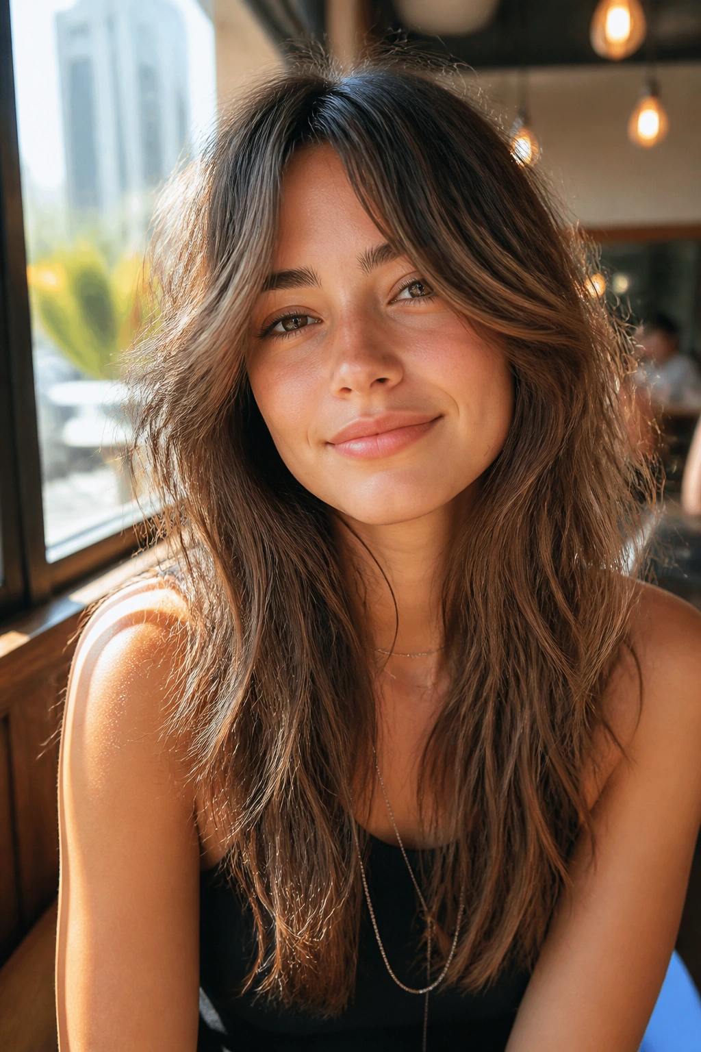 Close-up of a real woman with curtain bangs long shag, face-framing center split.