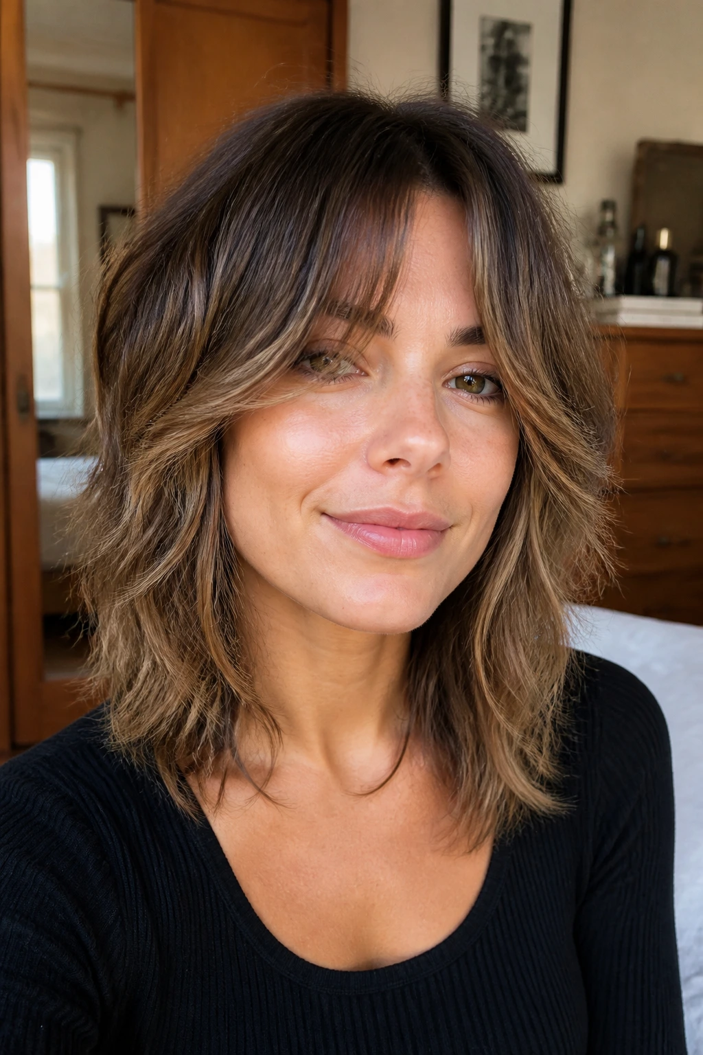 Close-up portrait of a woman with curtain bangs and shoulder-length shag.