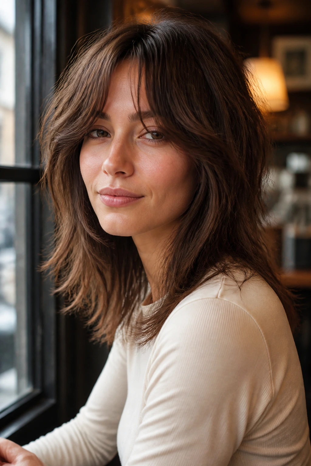 Portrait of a woman with curtain bangs and shag hairstyle.