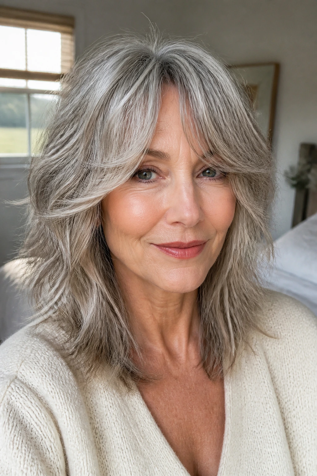 Close-up portrait of a real woman with curtain bangs and shaggy layers