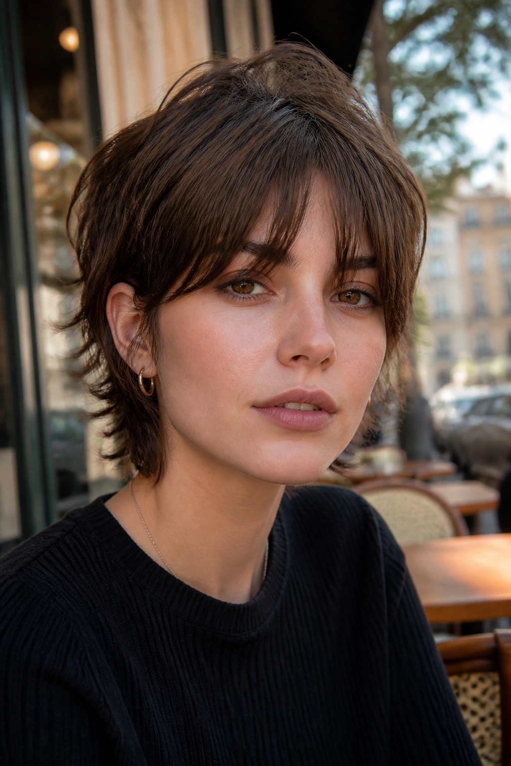 Real person with shaggy mod crop and curtain bangs outdoors in daylight