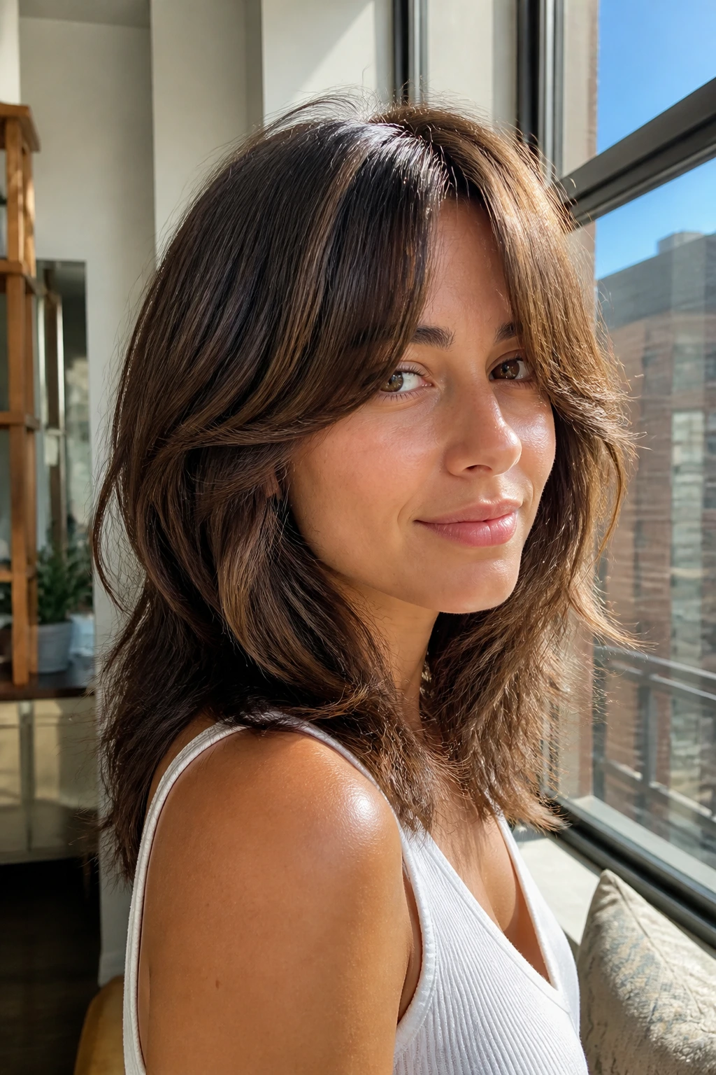 Portrait of a woman with Face-Framing Curtain Bang Shag at a sunlit window seat