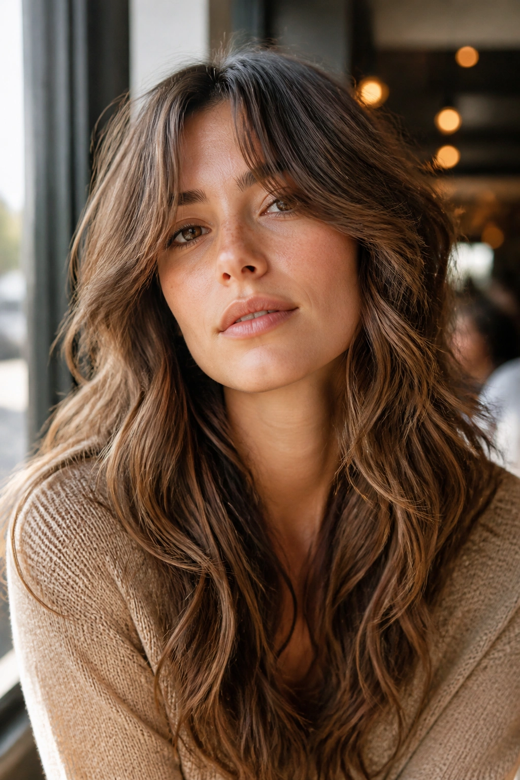 Portrait of a real woman with curtain bangs and long waves in a sunny cafe setting