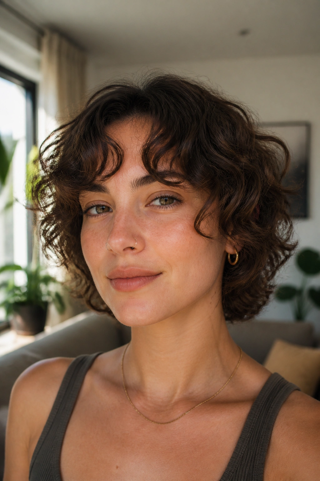 Close-up of curly curtain bangs splitting at the center on a short hairstyle.
