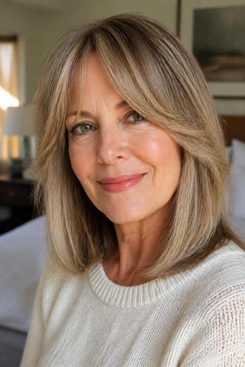 Close-up of a real woman with curtain bangs and shoulder-grazing length hairstyle