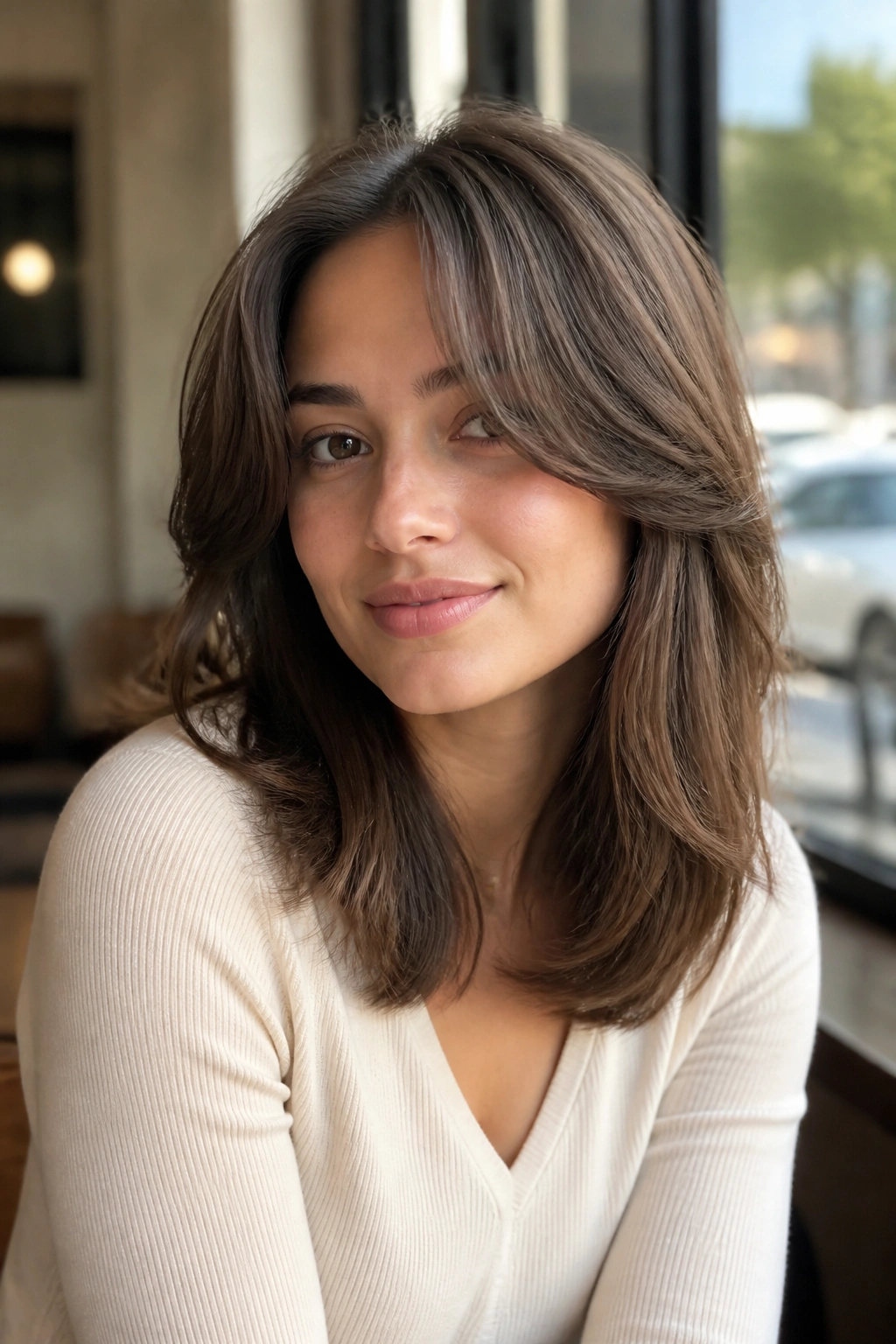 Portrait of a woman with curtain bangs and shoulder-length layers