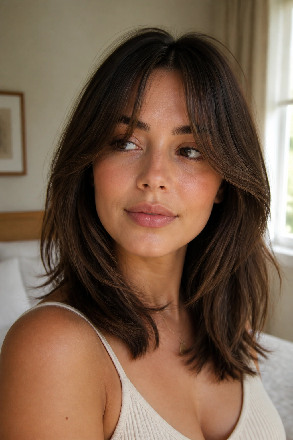 Portrait of a woman with curtain bangs and shoulder layers.