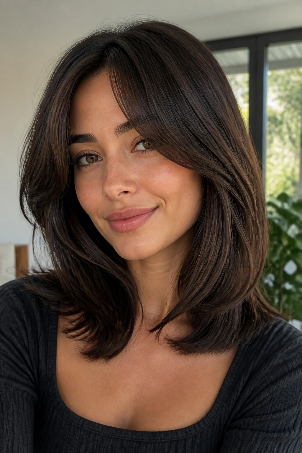 Close-up of woman with curtain bangs and shoulder-length layers framing face