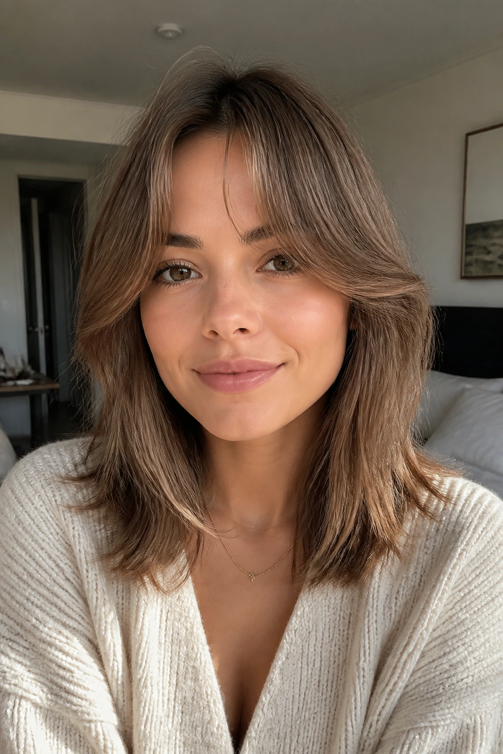 Close-up of curtain bangs blending into shoulder-length layers on a real person