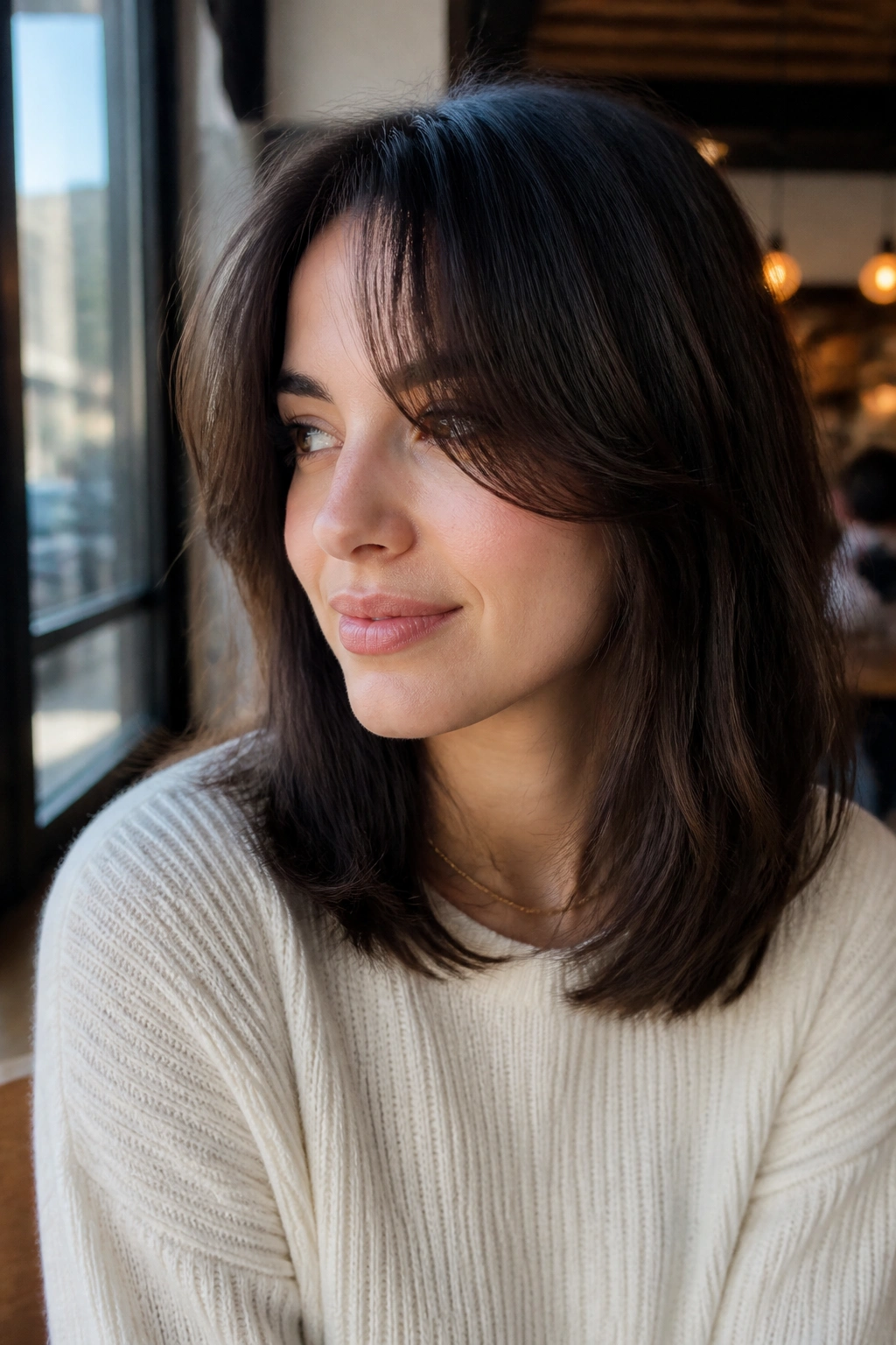 Portrait of a real woman with curtain bangs and shoulder-length ends.