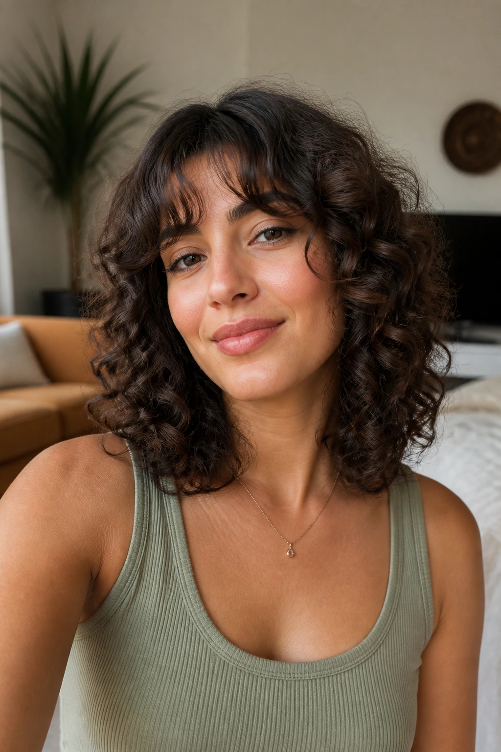Portrait of a woman with curtain bangs blending into shoulder-length curls in a cozy setting.