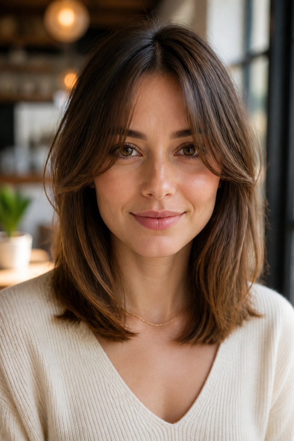 Portrait of a woman with curtain bangs at shoulder length