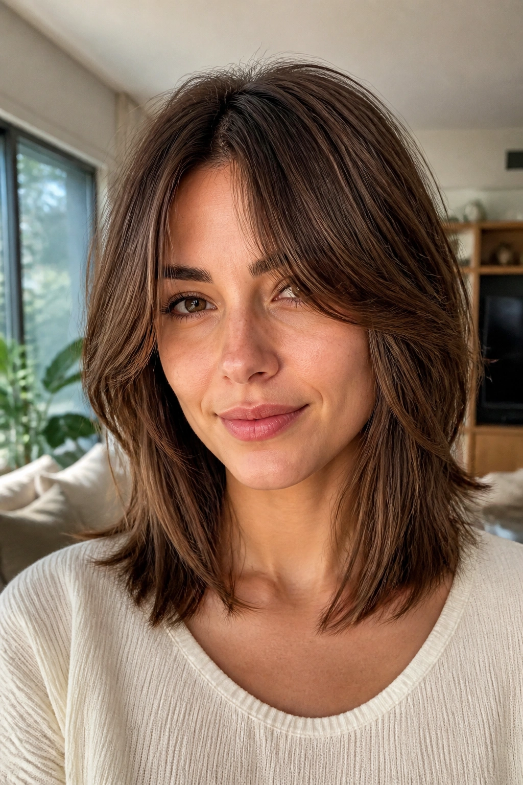 Portrait of a real woman with curtain bangs and shoulder-length layers.