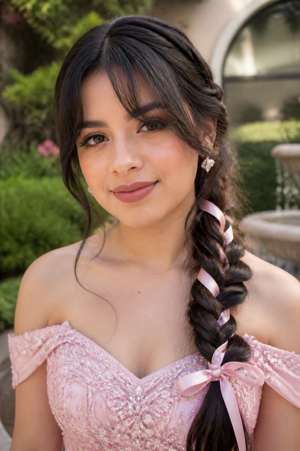 Close-up of a real person with curtain bangs and side braid with satin ribbon in garden lighting
