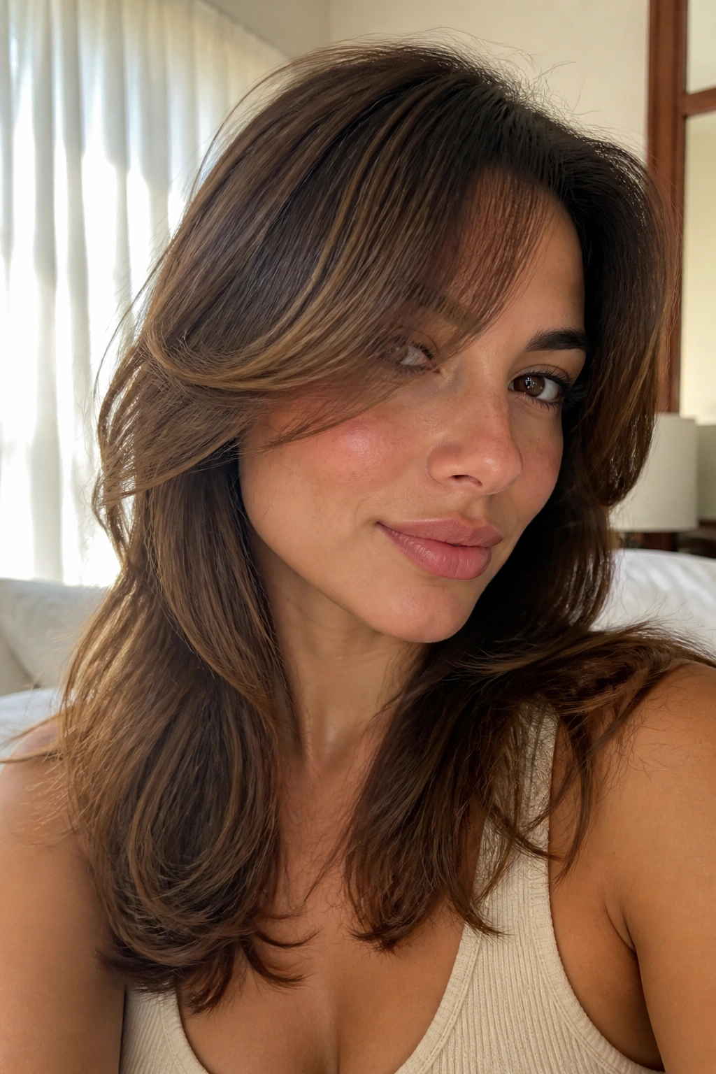 Portrait of a woman with curtain bangs pushed to one side.