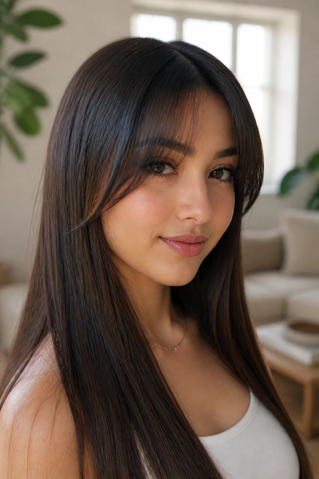 Close-up of a real woman with sleek curtain bangs on long straight hair in natural window light