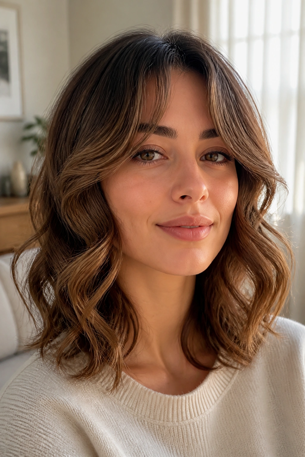 Close-up of a woman with curtain bangs and soft S-curled front pieces, window-lit background