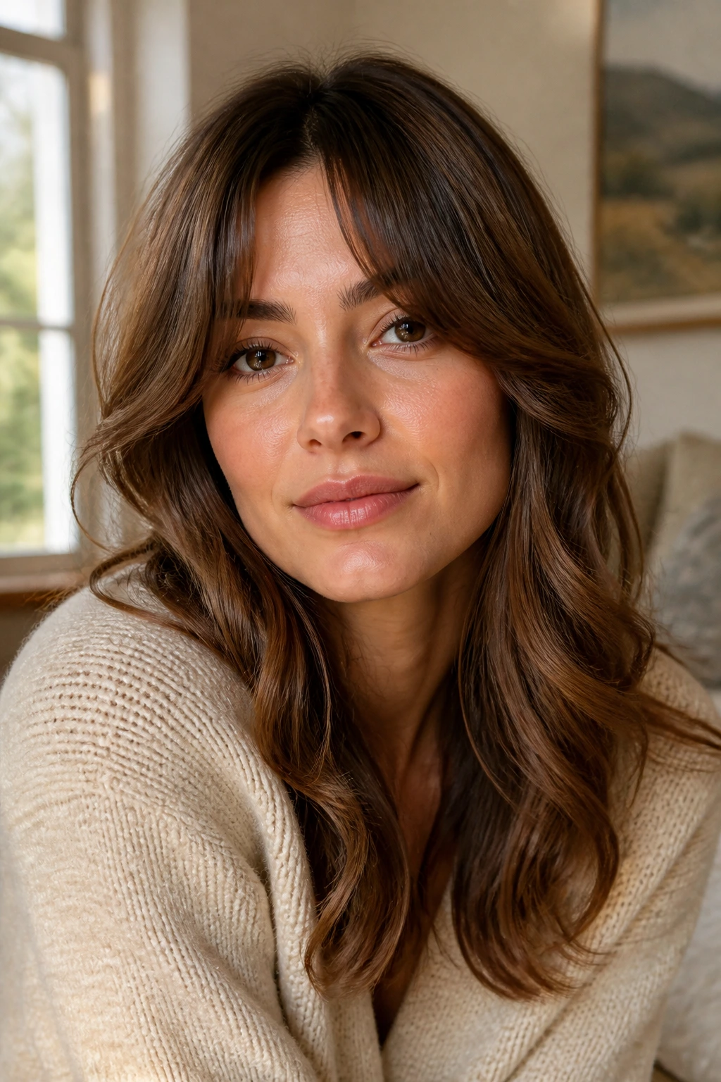 Portrait of woman with curtain bangs and soft waves.