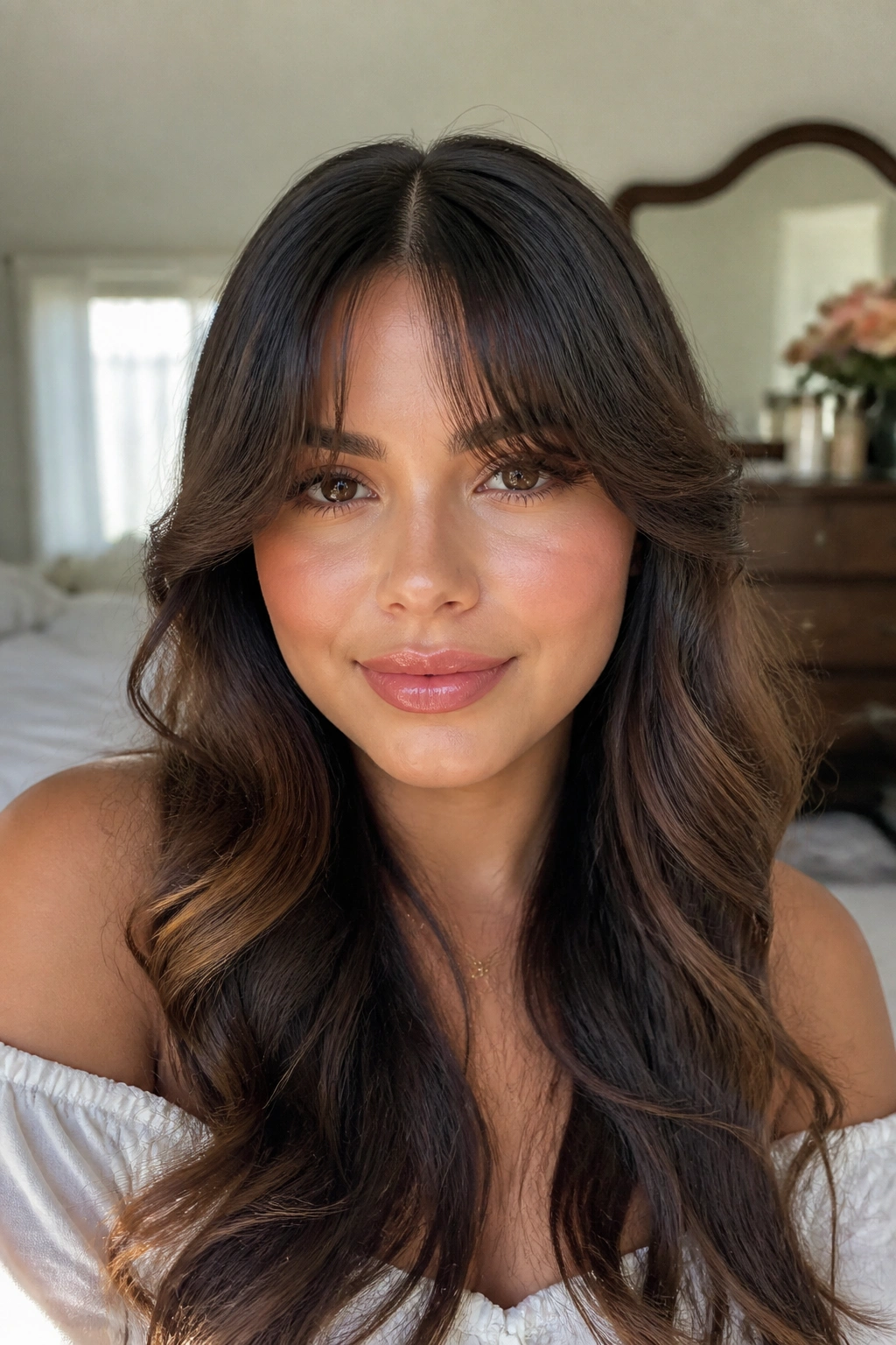 Close-up curtain bangs with soft waves on a real woman, quinceañera hairstyle, natural window light