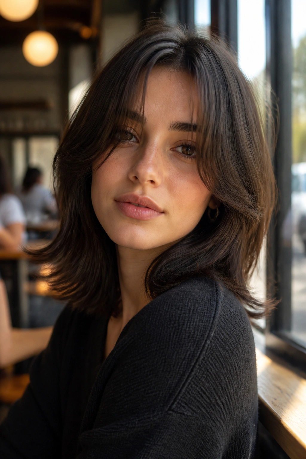 Portrait of a real person with curtain bangs and step cut in a cozy cafe setting