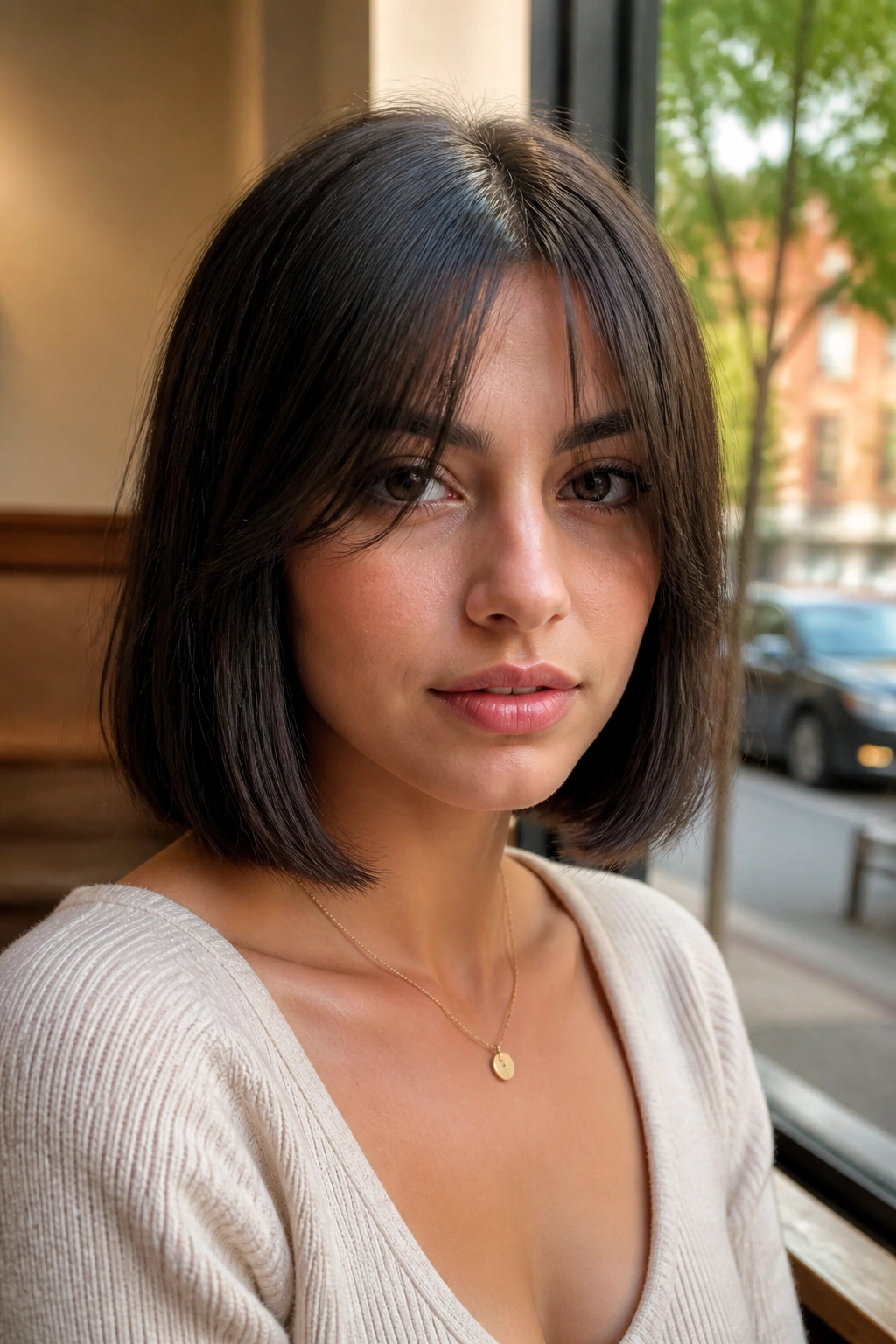 Close-up of a real woman with curtain bangs and straight bob