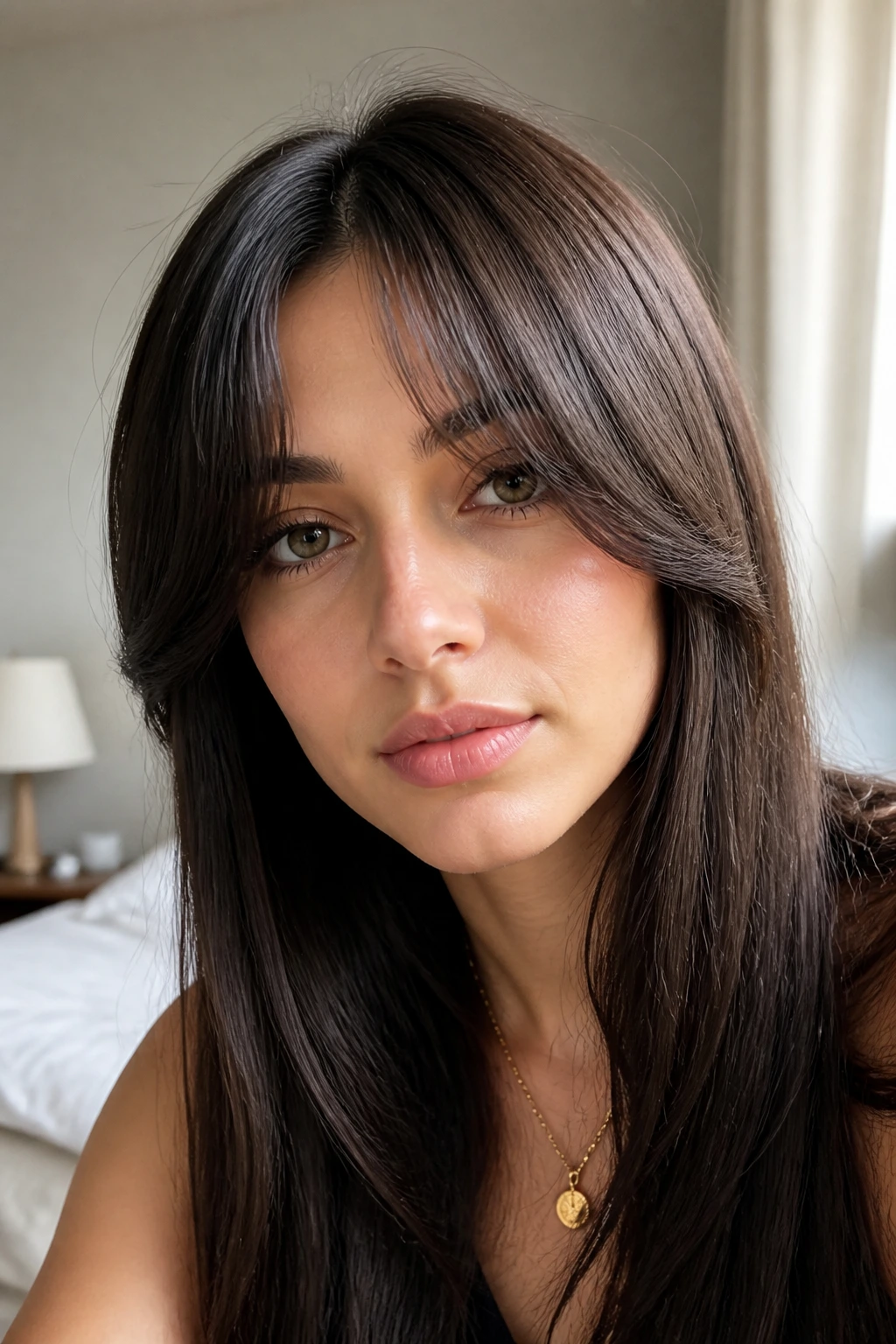 Real woman with curtain bangs split at center on thick straight hair.