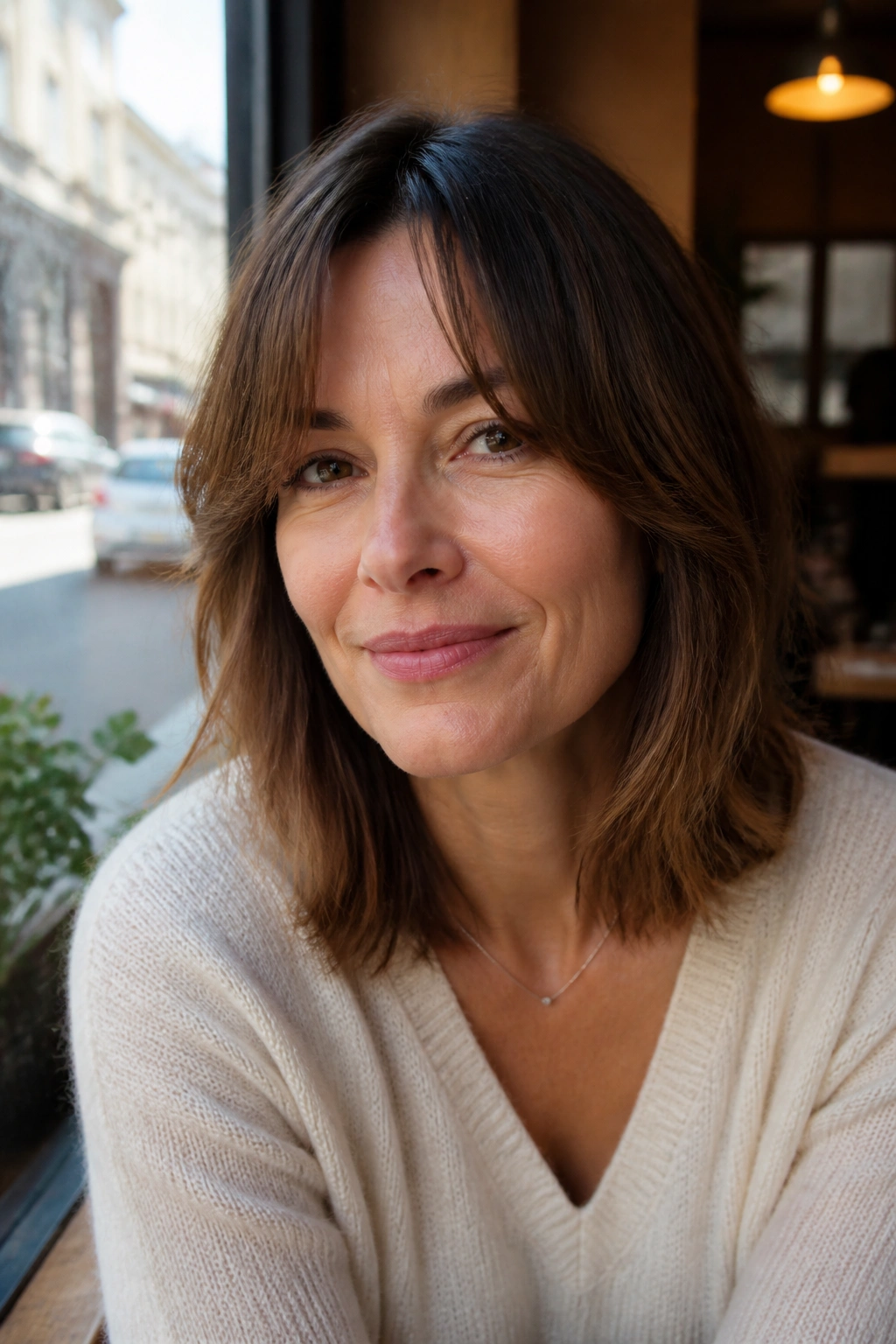 Close-up of a real woman showcasing curtain bangs that frame the cheeks.
