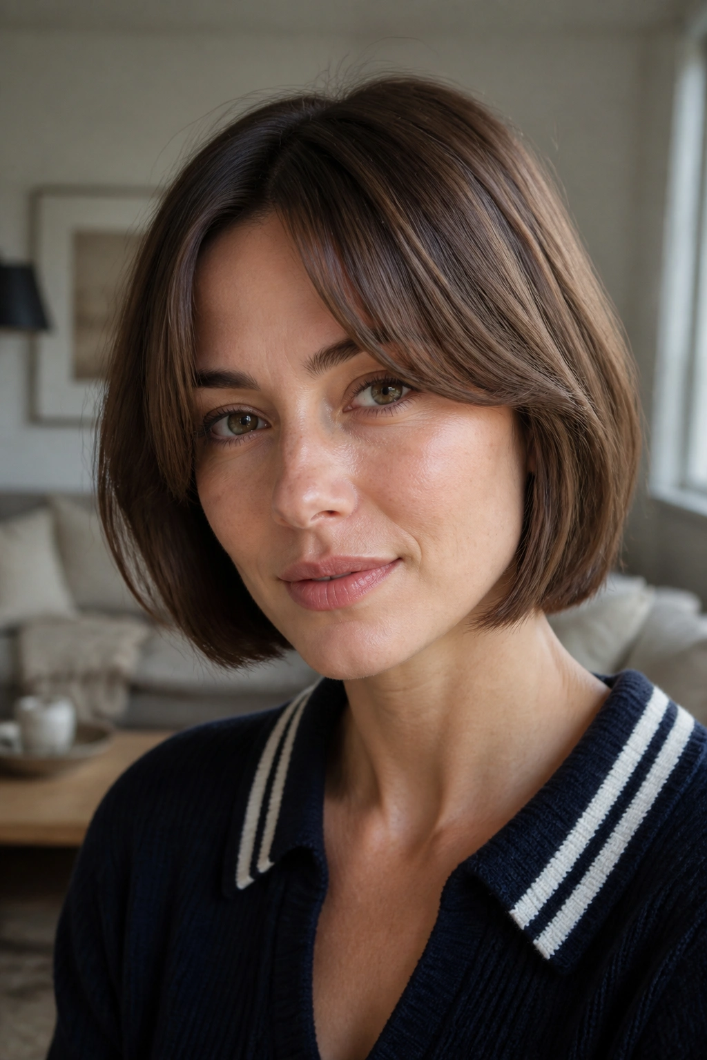 Portrait of a real person with curtain-bang varsity bob in a softly lit room