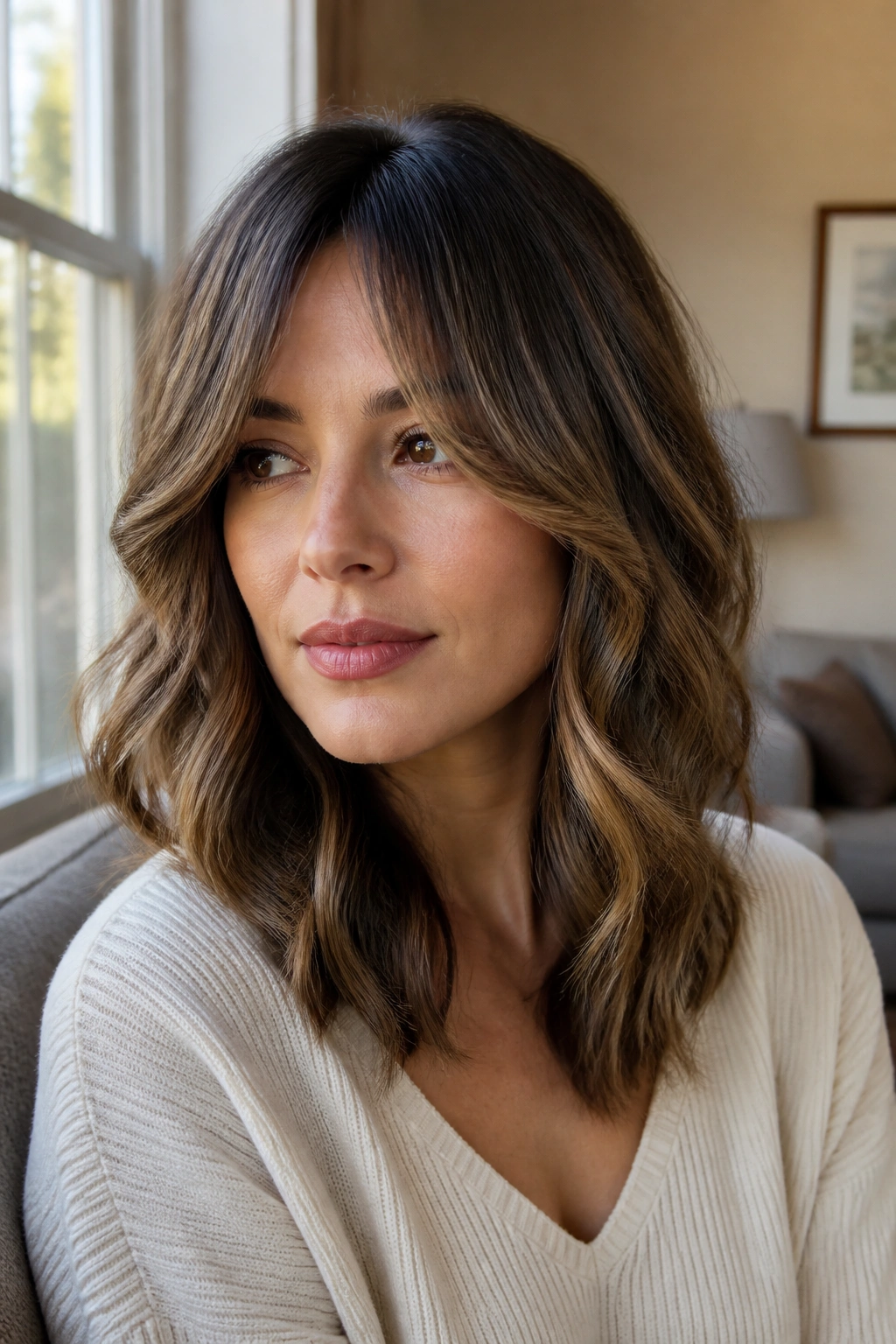 Portrait of woman with curtain bang waves and soft bend