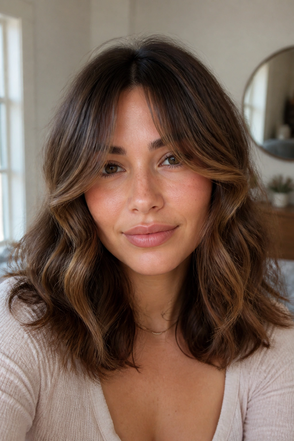 Close-up of woman with curtain bangs and wavy shoulder-length hair