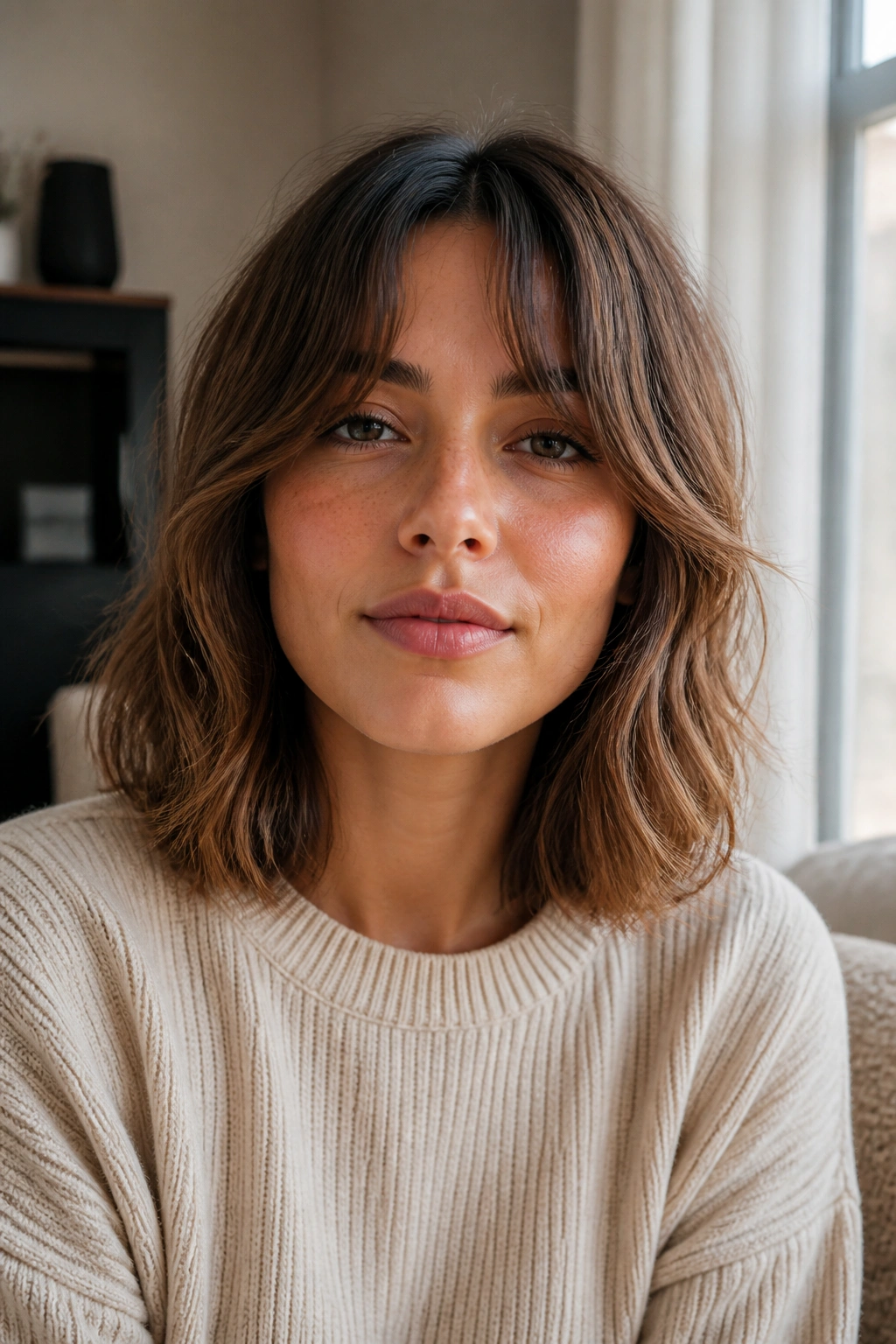 Real woman with curtain bangs and waves around jawline