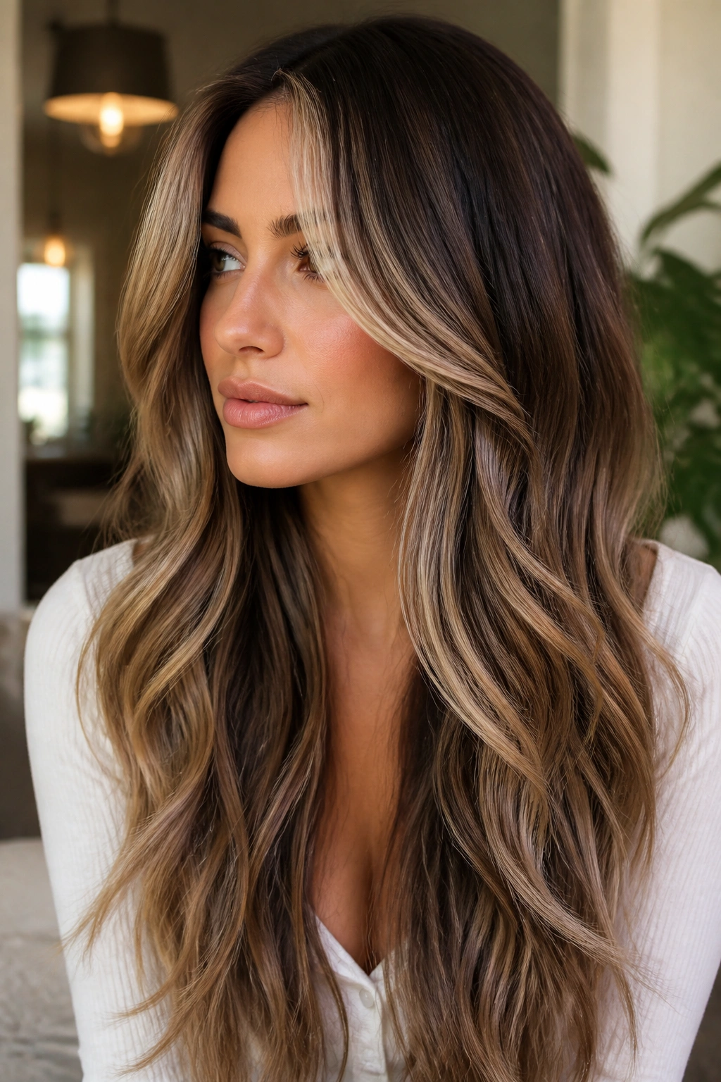 Portrait of curtain bangs blending into long waves with highlights